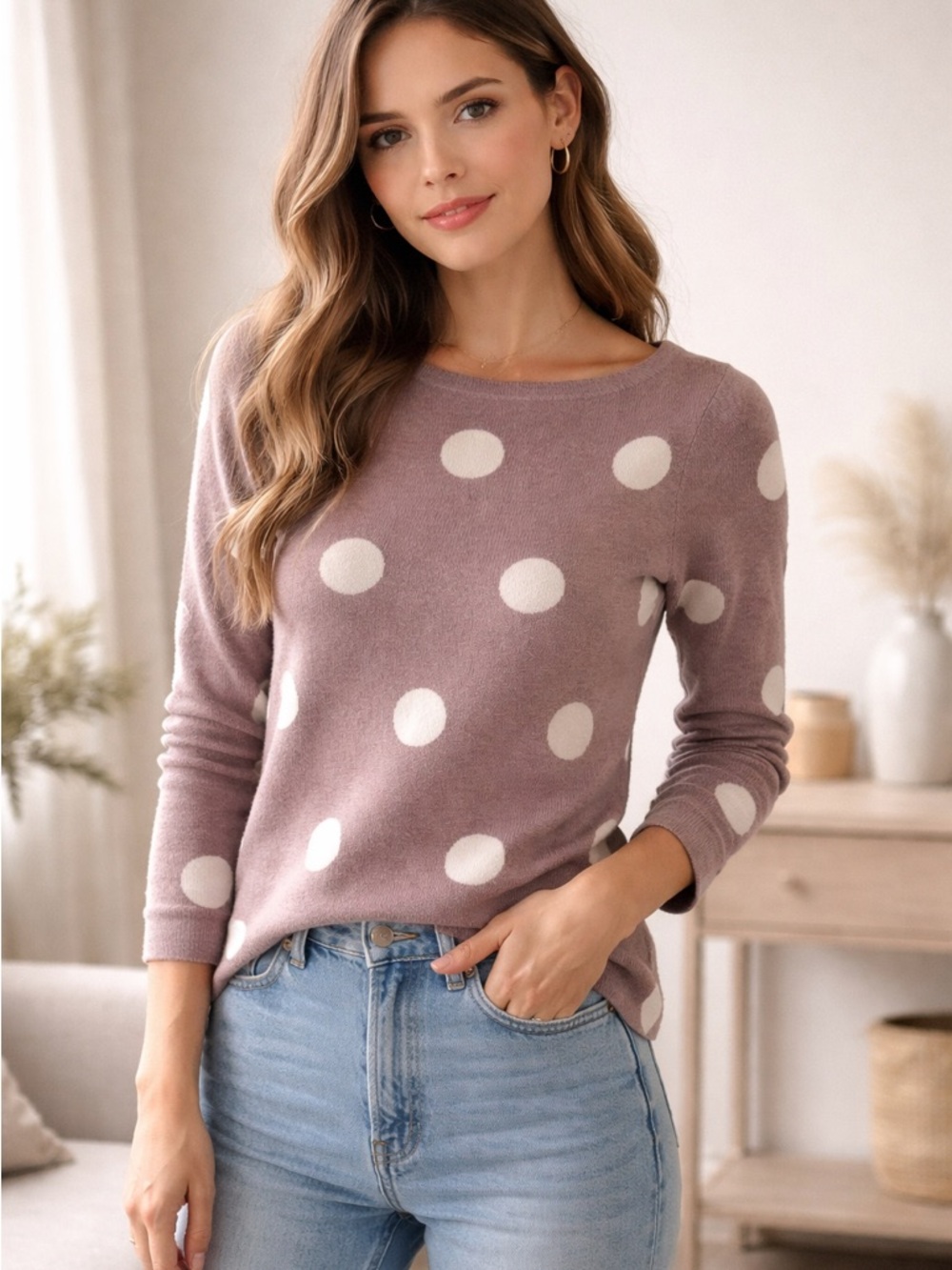 Cynthia Rowley Mauve Polka Dot Crewneck Sweater
